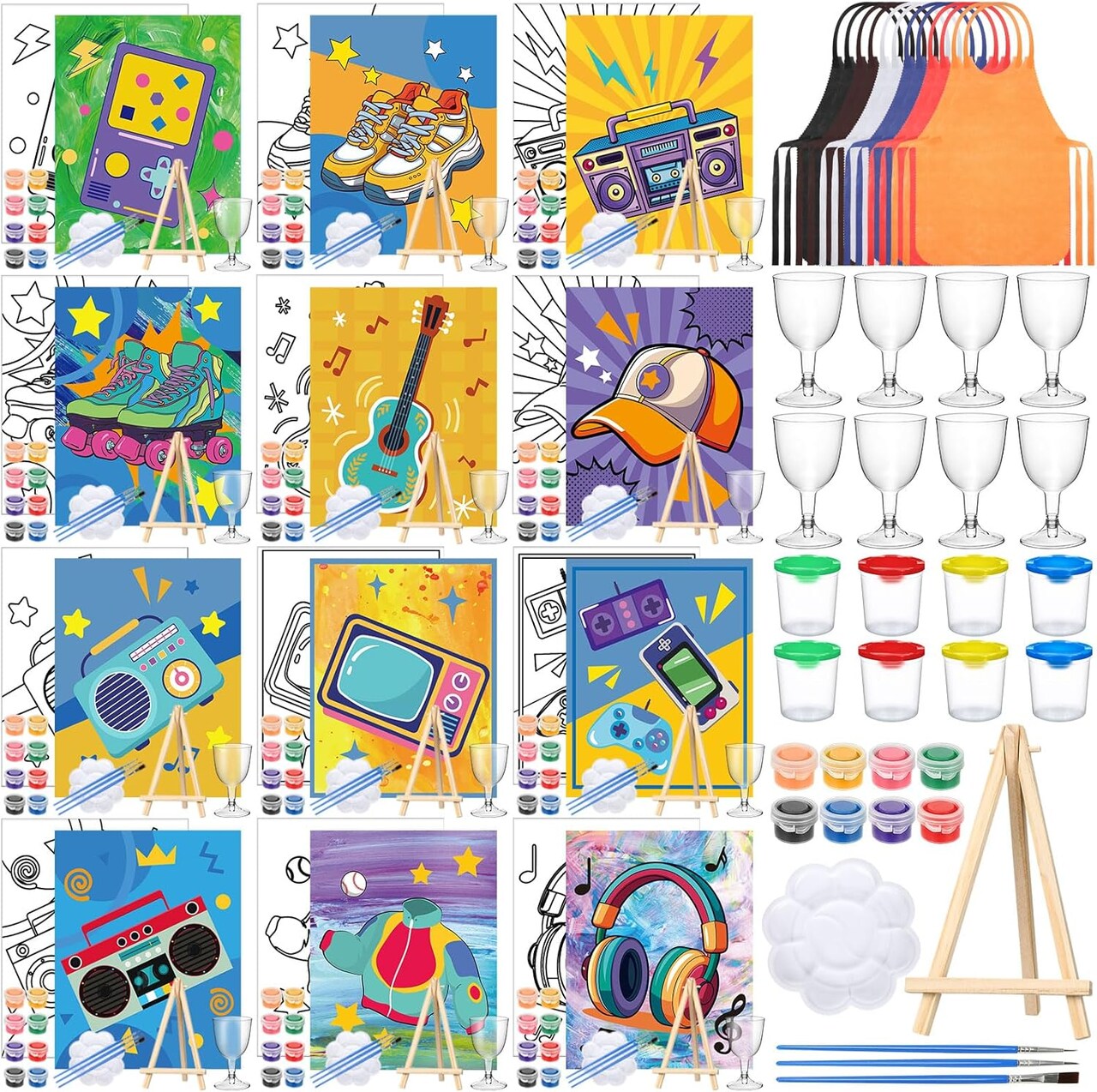 96 Pcs 12 Sets Pre Drawn Canvas Kit for Painting Craft Sip and Paint Kit for Adults Pre Printed Canvas Painting Favor for DIY Birthday Gifts Adult's Date Party, 8 x 10 Inches(Retro)